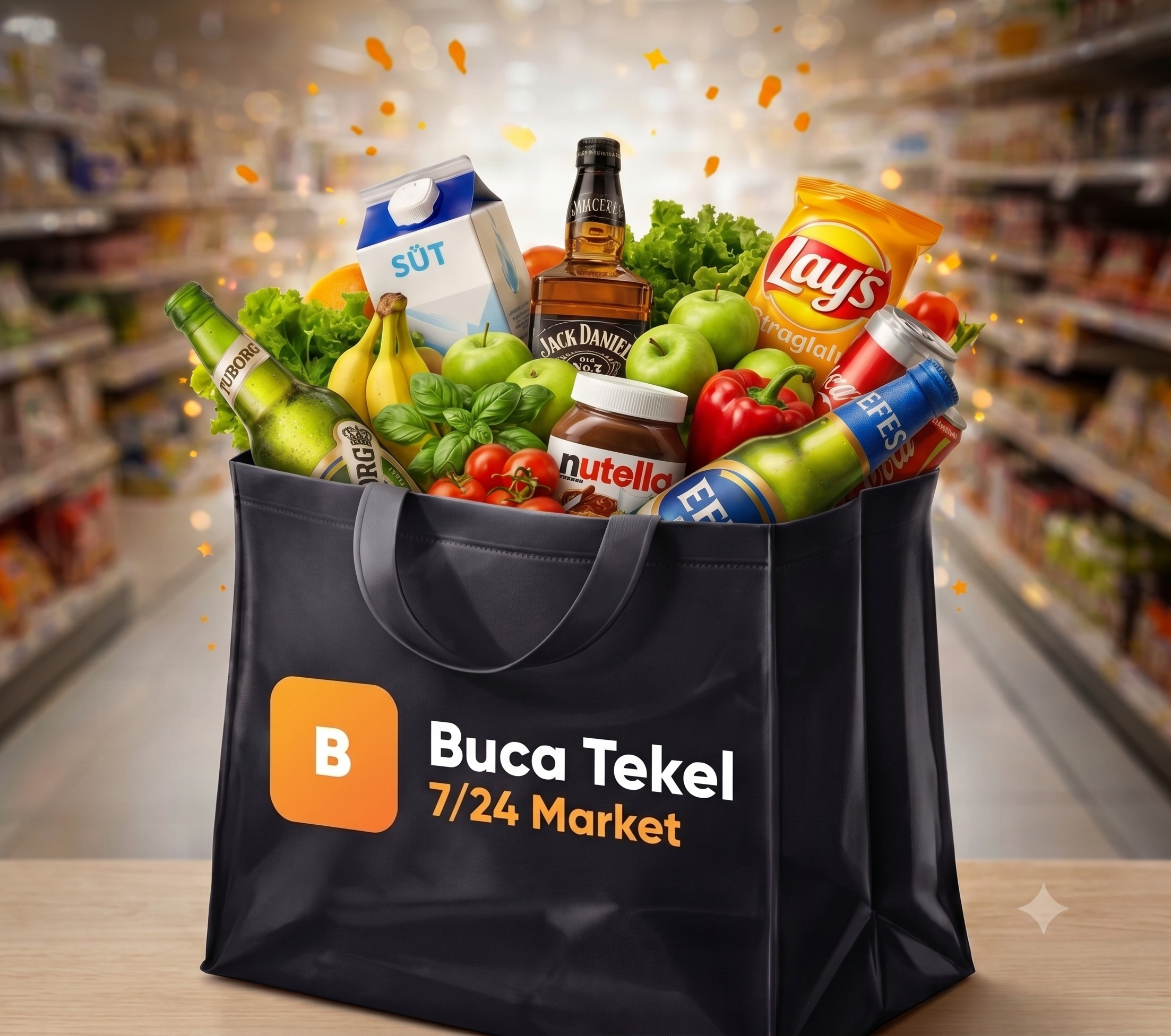 Buca Market — bira, meşrubat, meyve ve temel gıda dolu market çantası